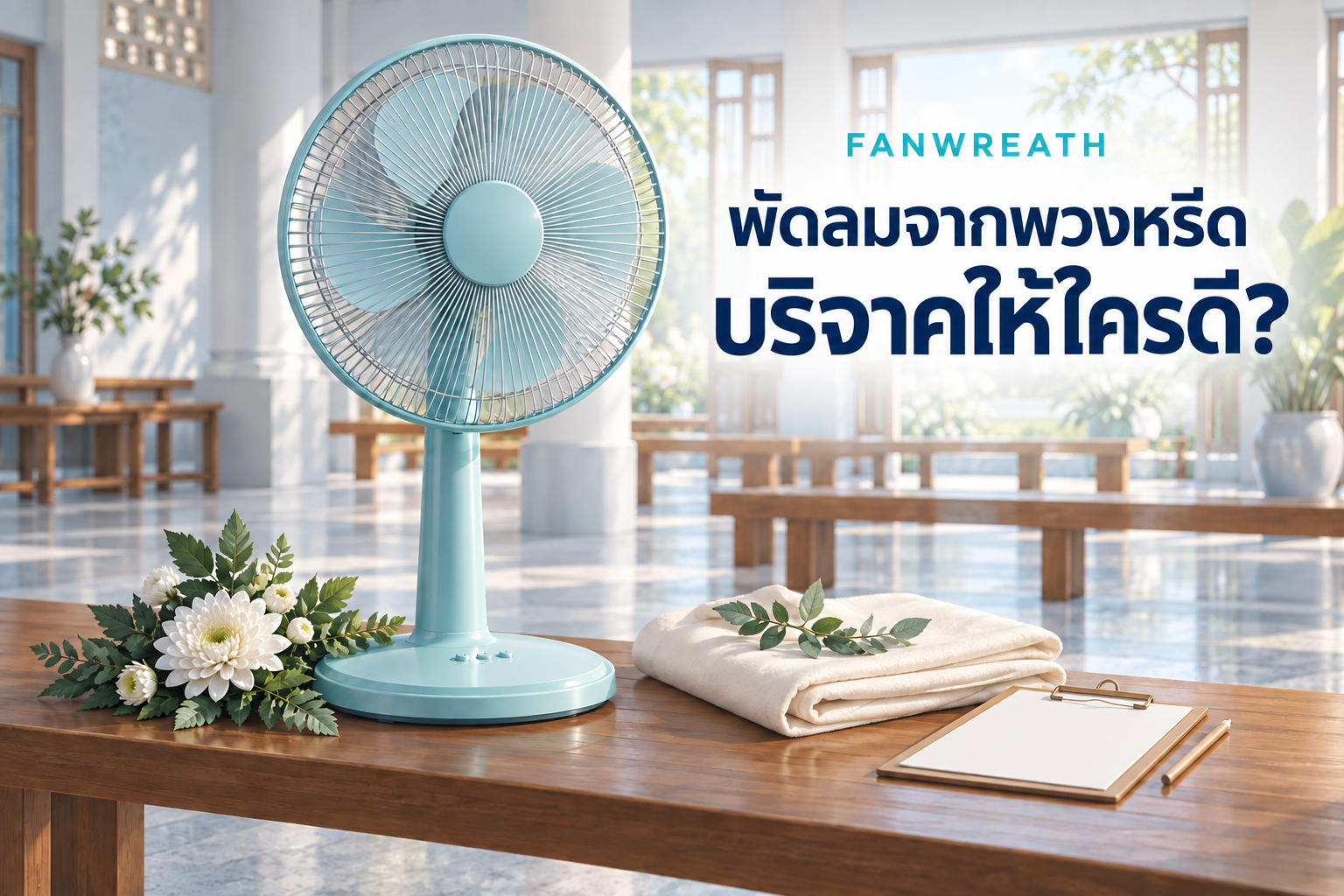ภาพประกอบพัดลมสีฟ้า ดอกไม้สีขาว และรายการตรวจเตรียมส่งต่อ